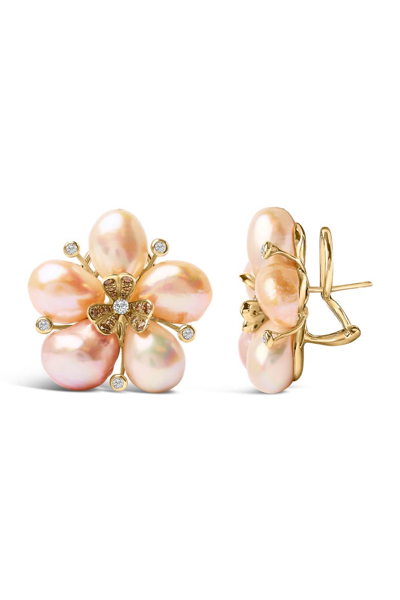 18K Rose Gold 3/8 Cttw Diamond and Freshwater Pearl Blossom Stud Earrings, Alternate, color, Pink