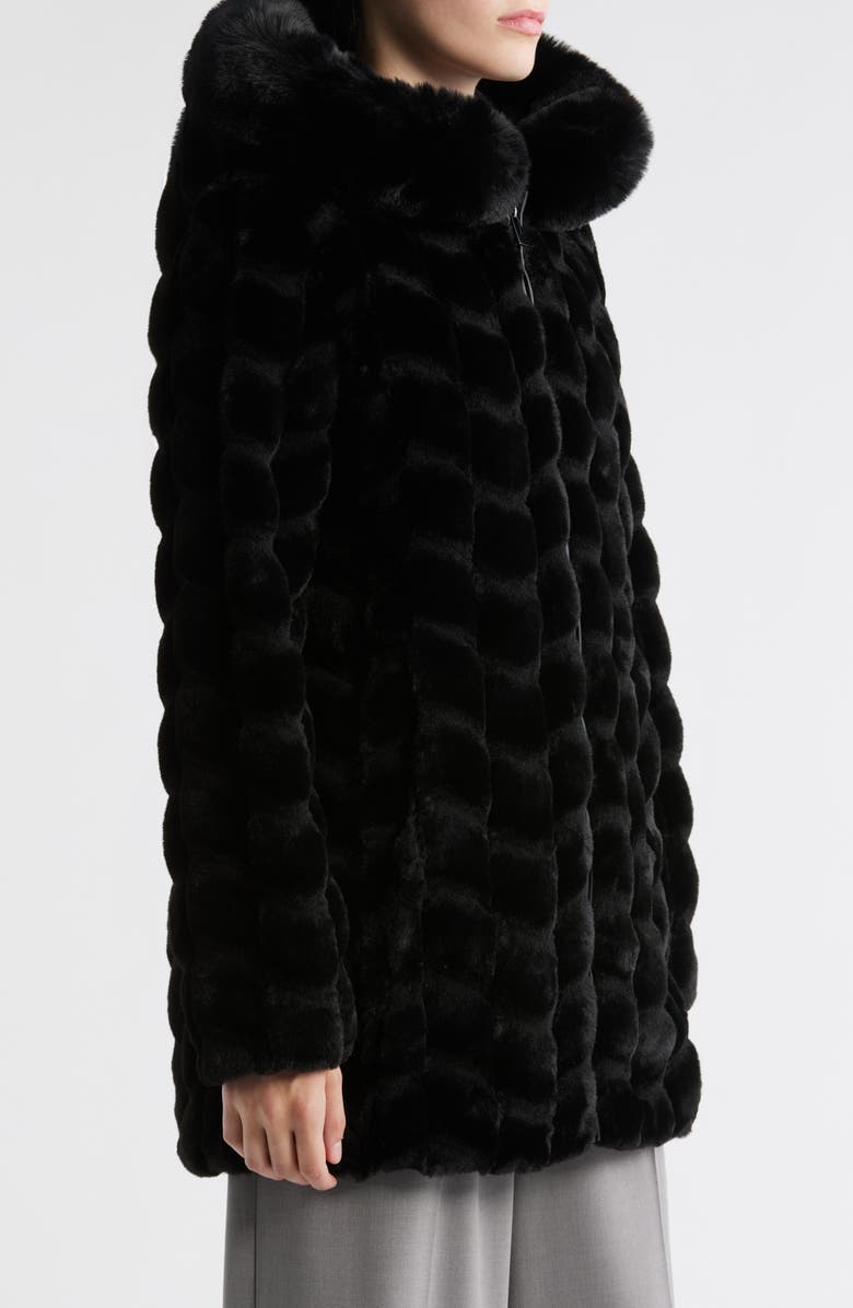 Via Spiga Grooved Faux Fur Hooded Coat, Alternate, color, Black