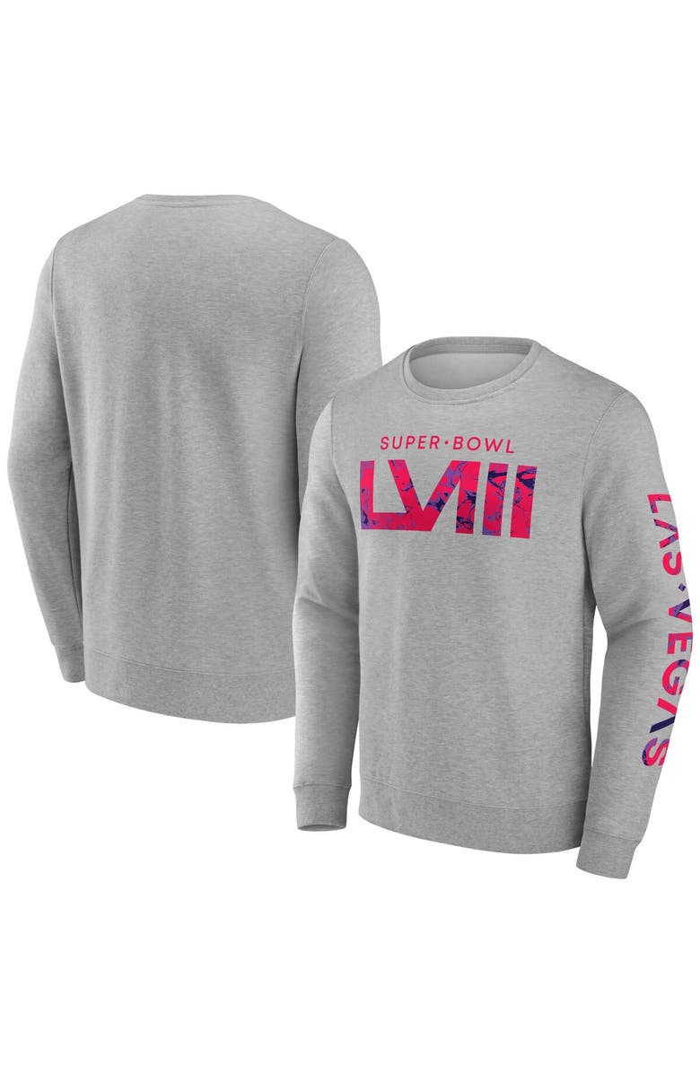 FANATICS Men's Fanatics Branded Gray Super Bowl LVIII Marble Wordmark Fleece Crew Sweatshirt, Alternate, color, 