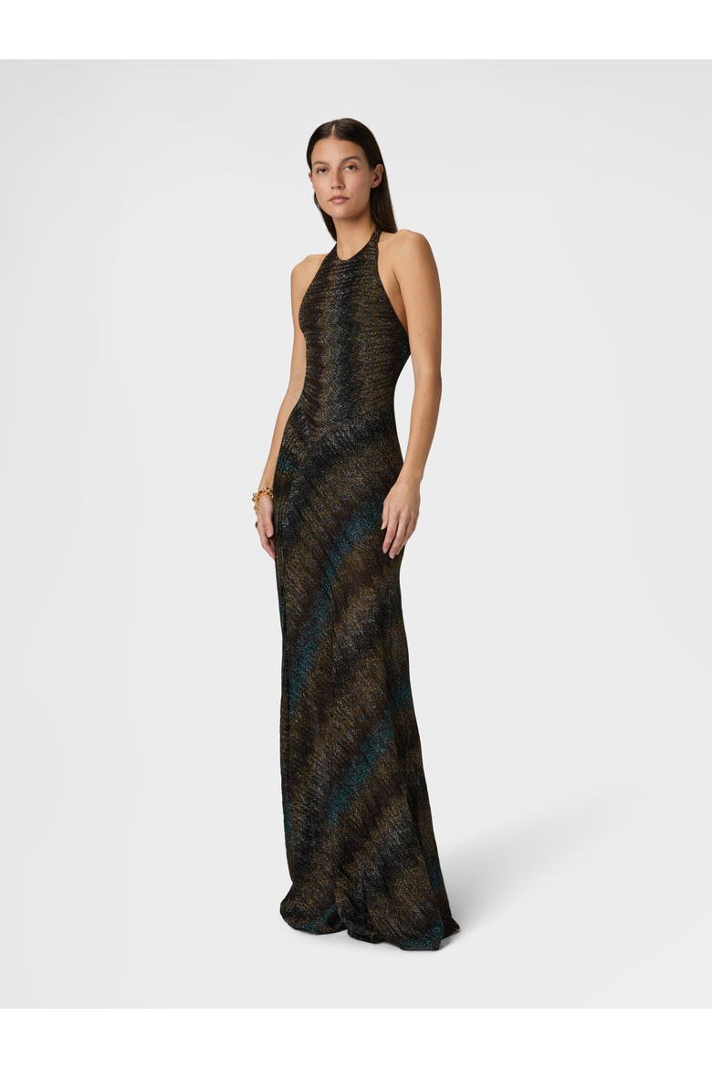 Long Dress With Halterneck In Viscose Lamé Snake Motif, Alternate, color, Dark Blue