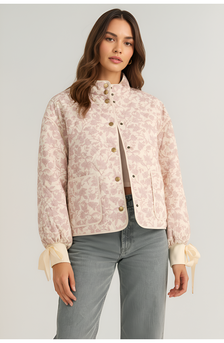 Modenaire Floral Quilted Jacket with Puff Sleeves and Satin Bow Cuffs, Alternate, color, Light Pink Floral