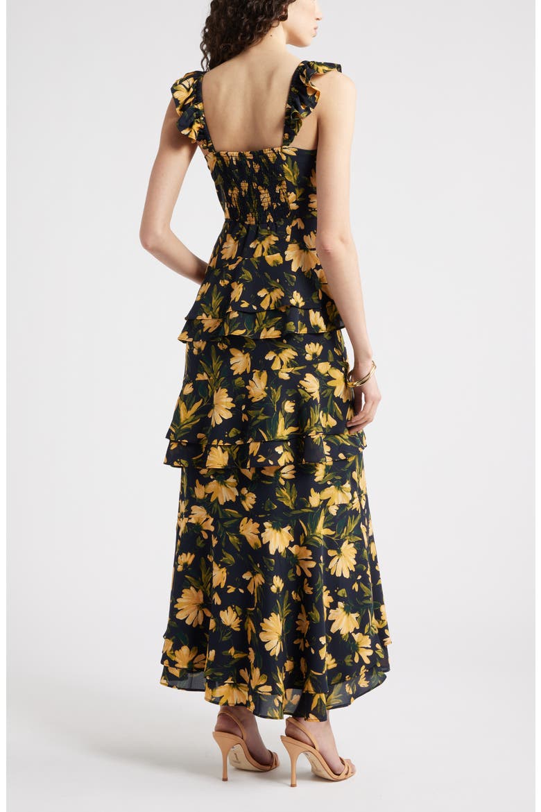 Tiered Asymmetric Ruffle Maxi Dress, Alternate, color, NAVY- YELLOW ARIA FLORAL