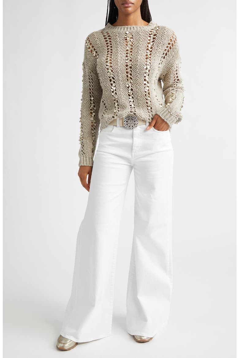 Paillette Hand Knit Cotton & Linen Blend Pointelle Sweater, Alternate, color, 02 SAND