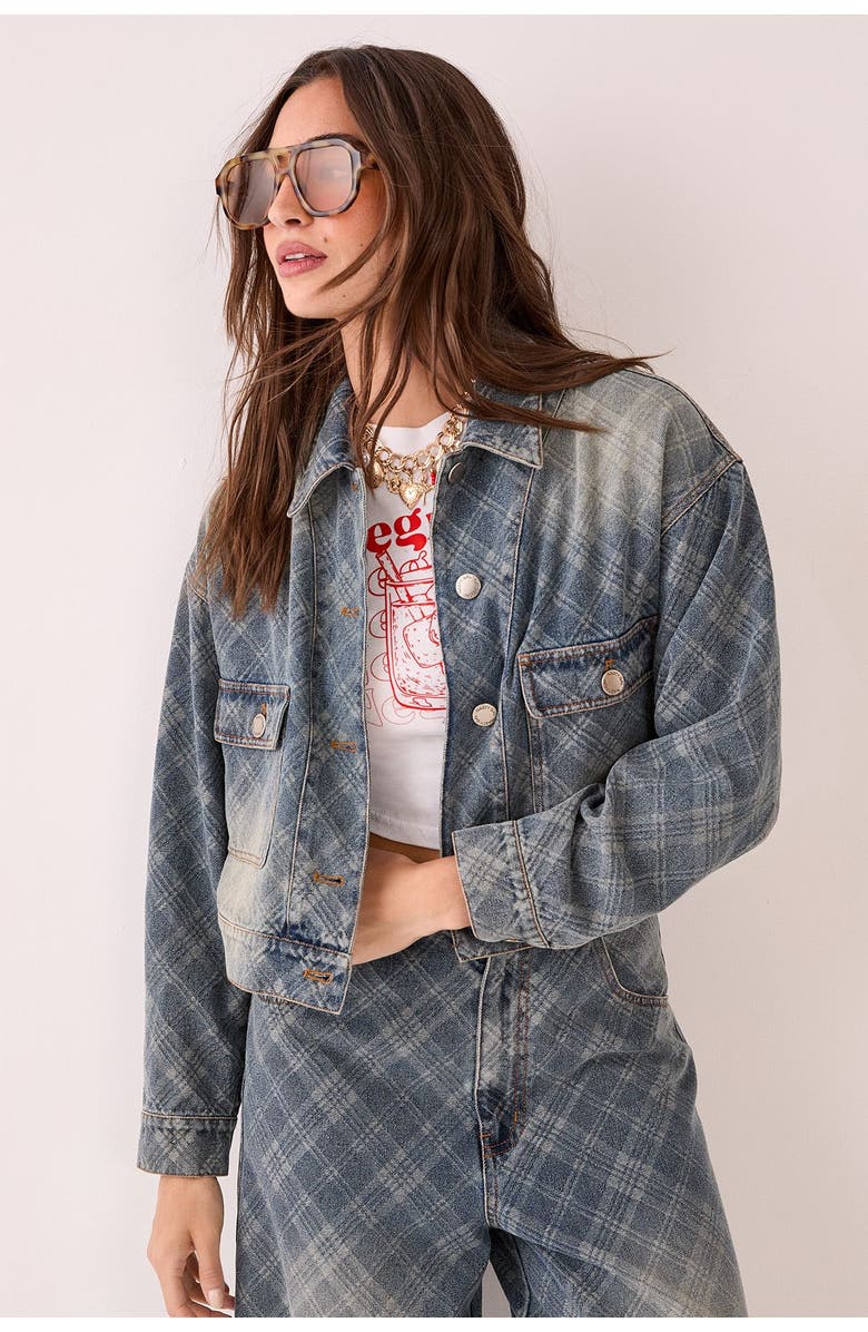 NASTY GAL Check Denim Distressed Jacket, Main, color, Authentic Midwash
