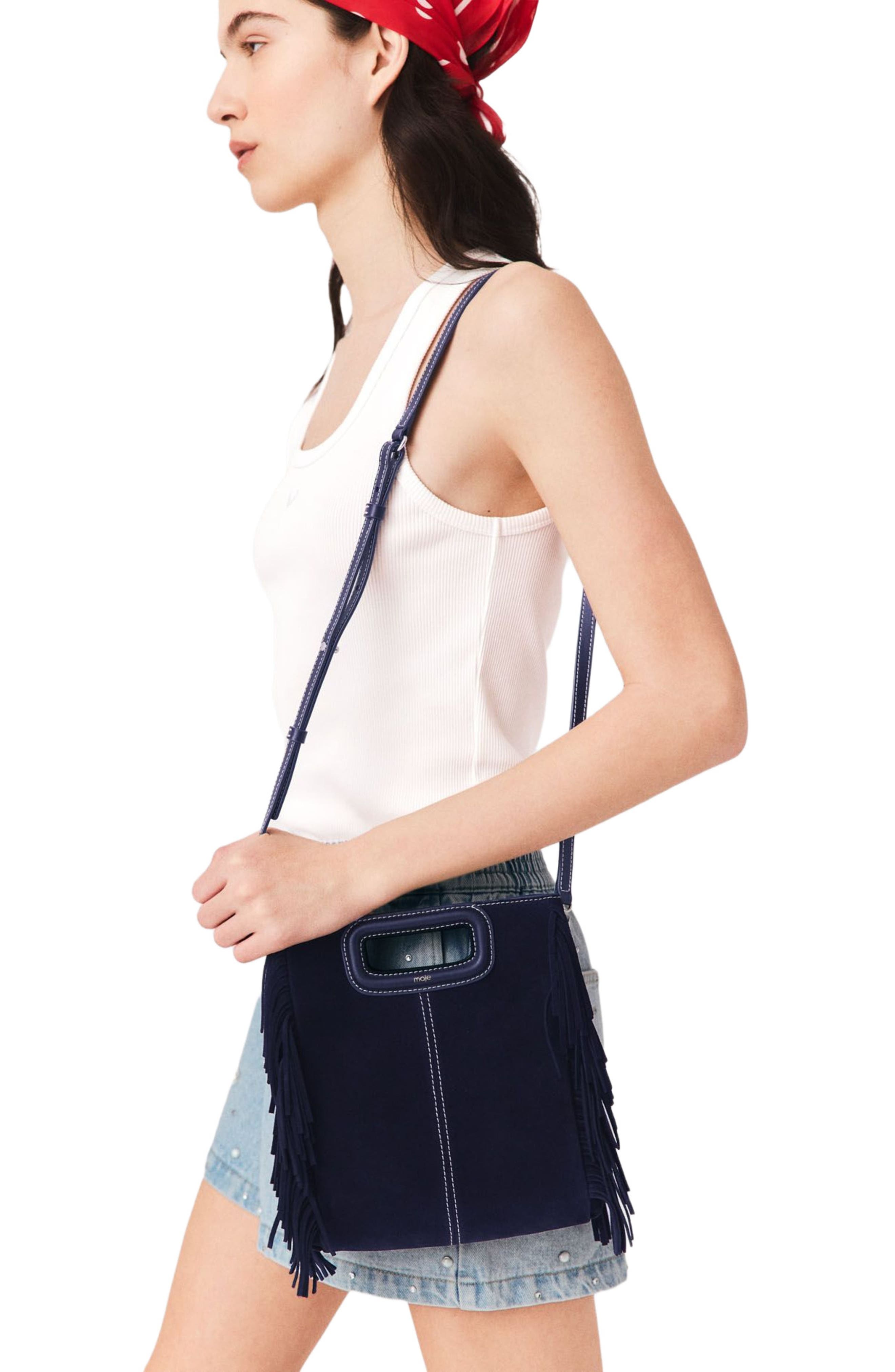 Topstitched suede M bag, Alternate, color, Marine blue