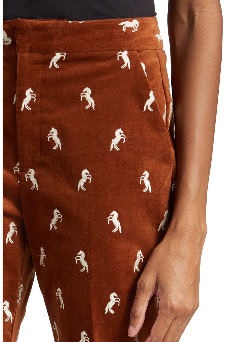 Rebel Embroidered Horse Print Stretch Cotton Velvet Crop Pants, Alternate, color, WHISKEY/ ECRU