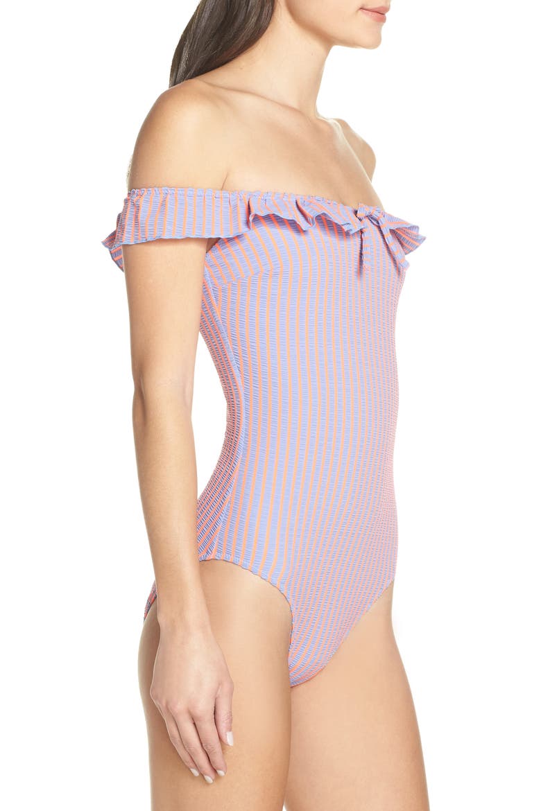 The Amelia Off the Shoulder One-Piece Swimsuit, Alternate, color, LAVENDER SEERSUCKER
