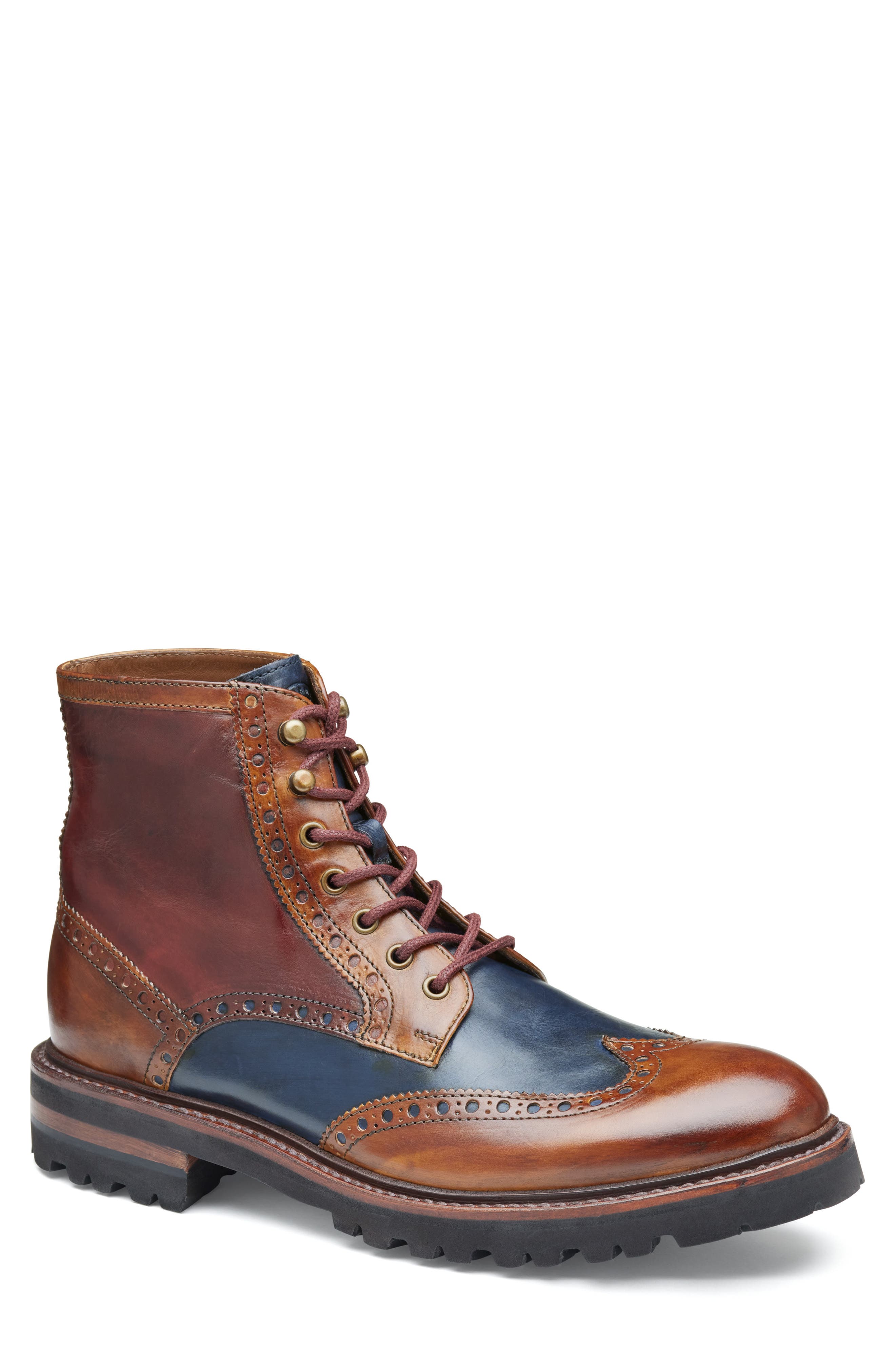 Johnston & Murphy Dudley Wingtip Lug Boot, Main, color, Tan Multi Calfskin