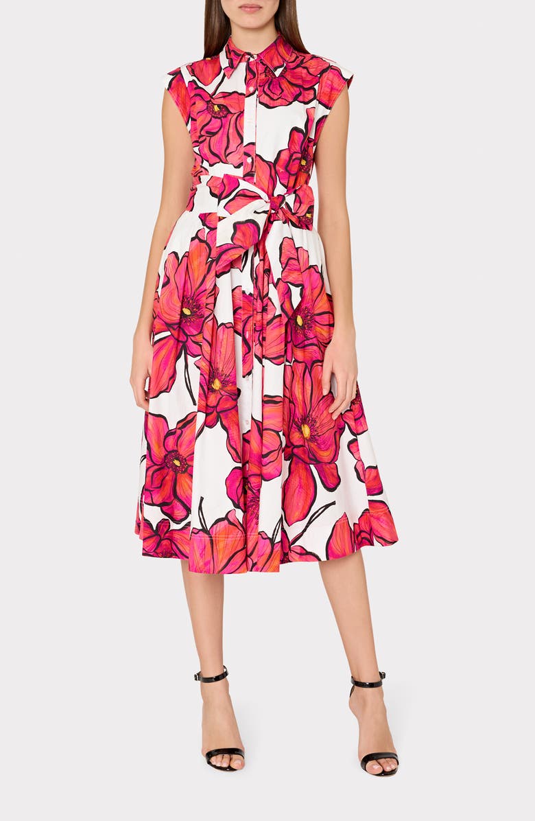 Milly Jules Windflower Stretch Cotton Midi Shirtdress, Main, color, Coral Multi