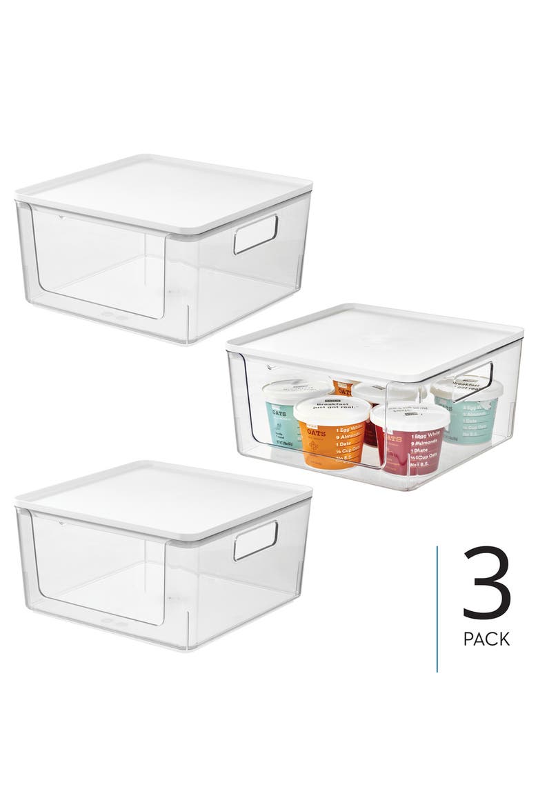 Stackable Open-Front Bins with Lid, Set of 3, Clear/White, Alternate, color, Clear