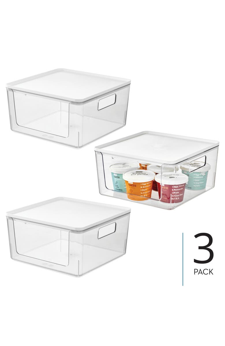 iDesign Stackable Open-Front Bins with Lid, Set of 3, Clear/White, Alternate, color, Clear