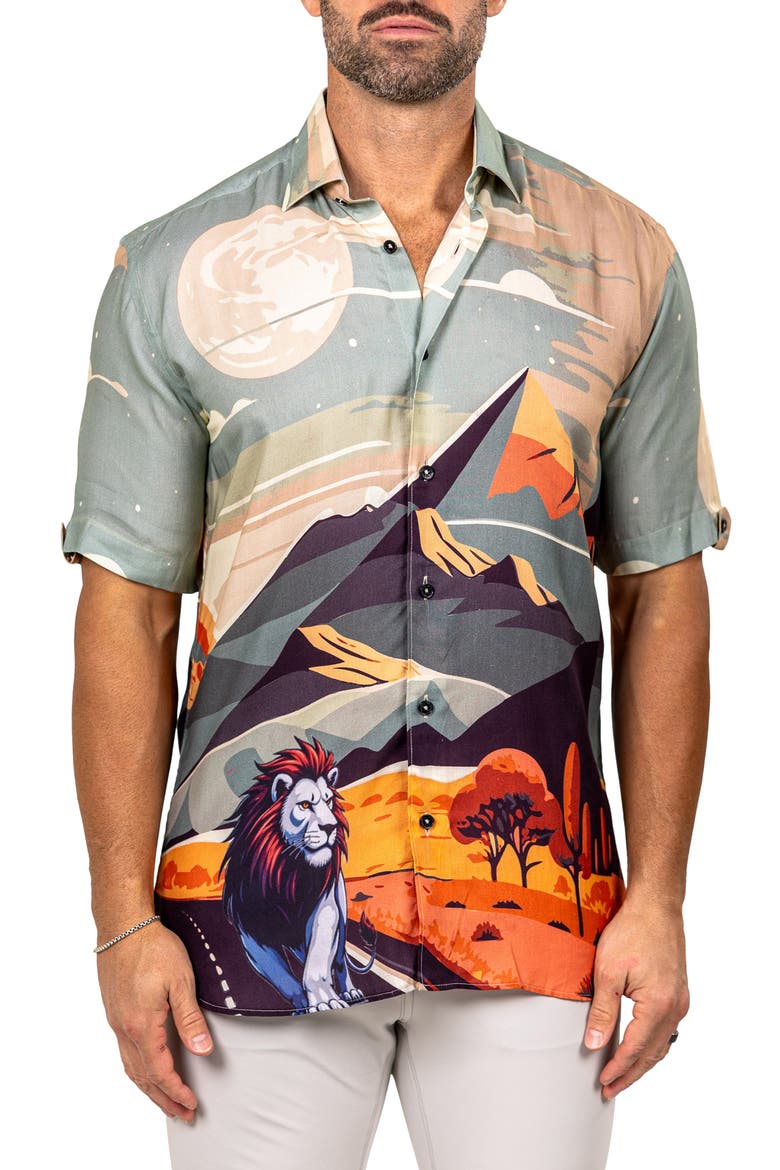 Galileo Marthy Short Sleeve Button-Up Shirt, Main, color, BEIGE/ BLUE MULTI