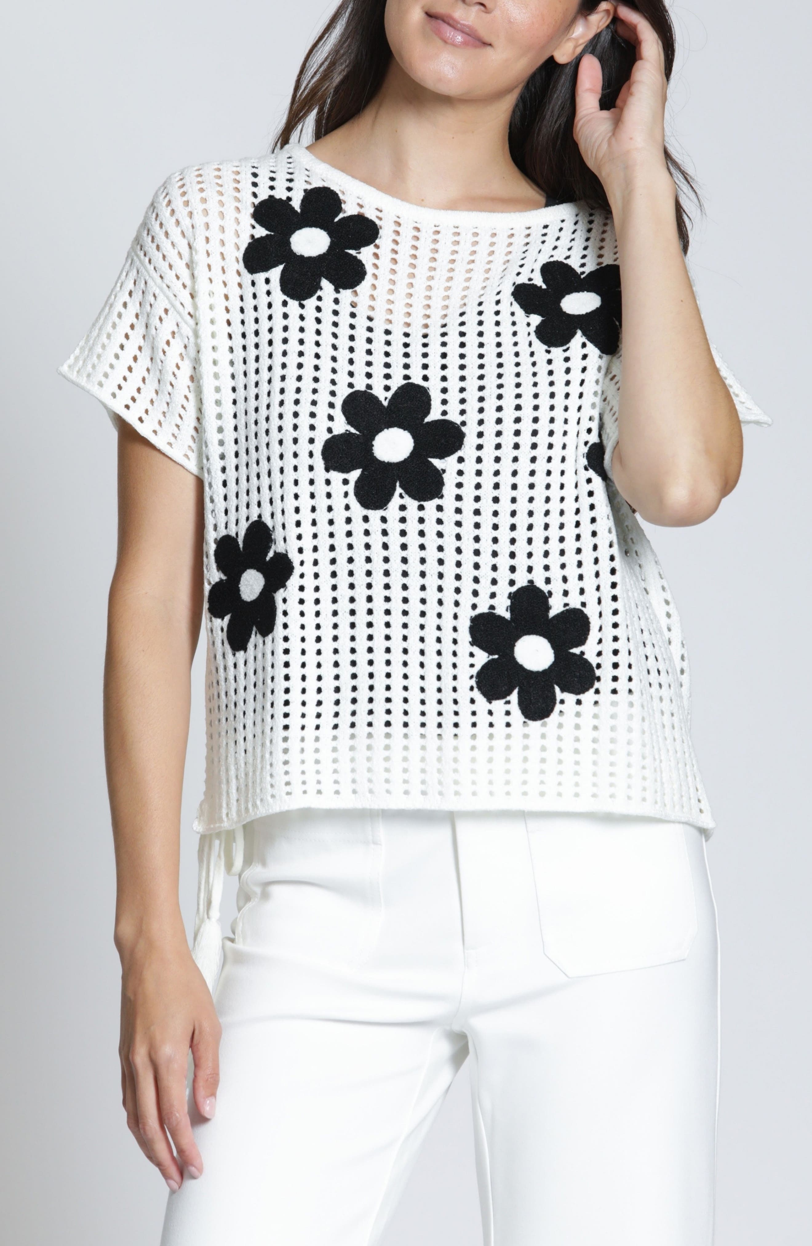 Floral Applique Open Stitch Sweater