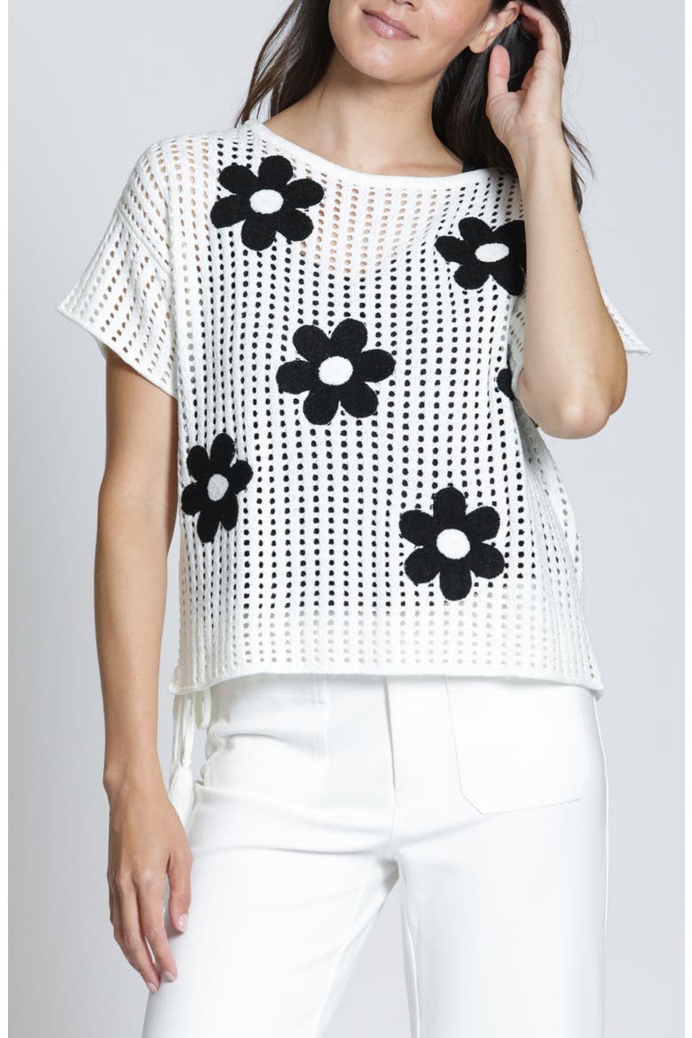 Floral Appliqué Open Stitch Sweater, Main, color, BLACKWHITE