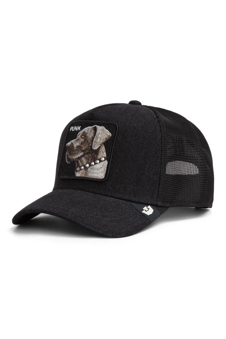 Punk Dawg Patch Snapback Trucker Hat, Main, color, BLACK DENIM