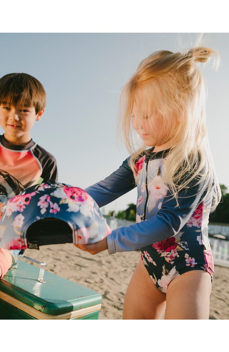 Deux par Deux One-Piece Long Sleeve Rose Rashguard, Alternate, color, Blue With Roses Print