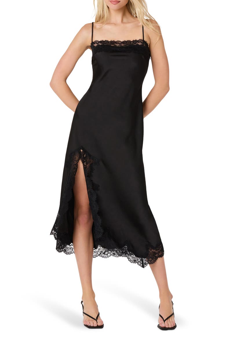 Mauresa Lace Trim Satin Slipdress, Main, color, BLACK