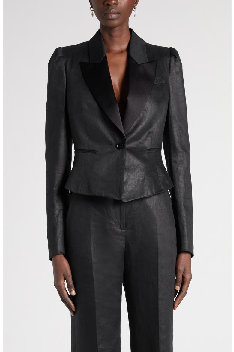 Peak Lapels Puff Sleeve Linen Jacket, Main, color, BLACK