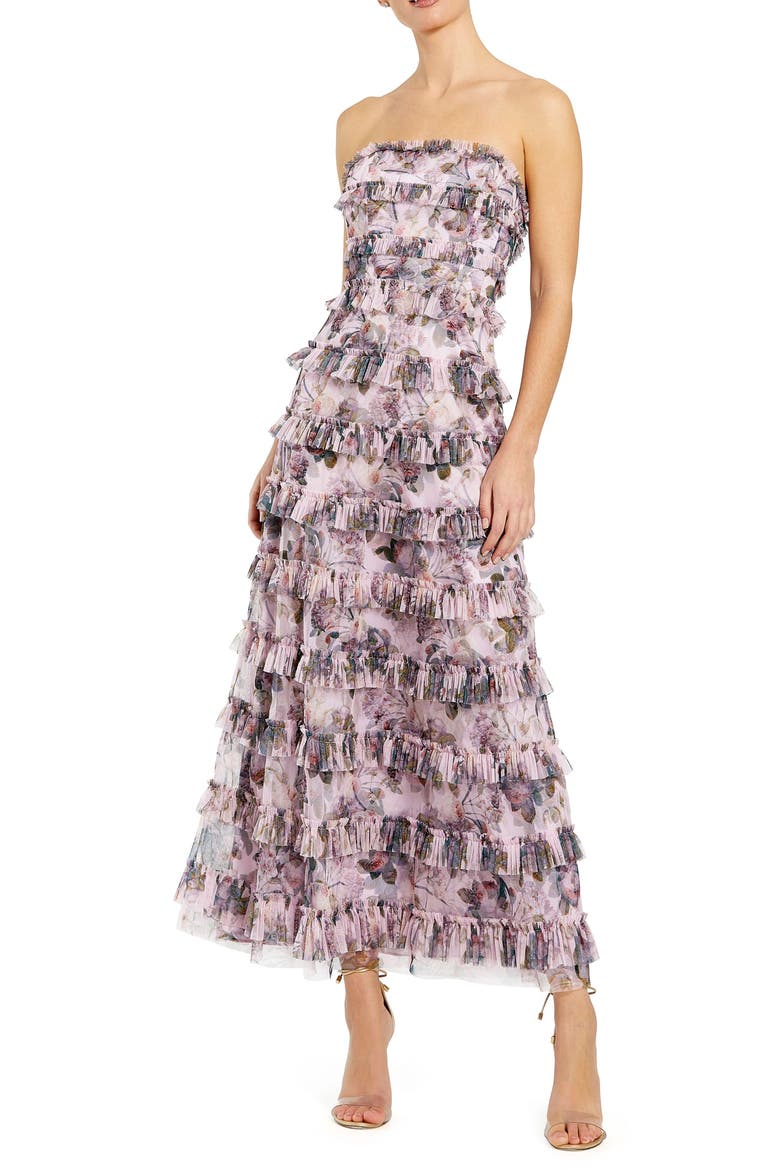 Strapless Floral Micro Ruffle Dress, Main, color, Purple Multi