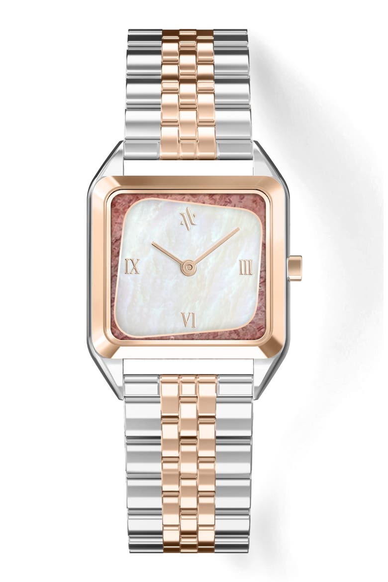 Geminus Double-Gemstone Watch, Main, color, White Pearl/Quartz-Two Tone