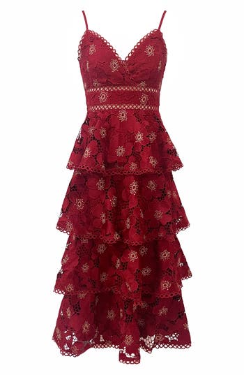 Arose Studio Eartha Eyelet Embroidery Midi Dress In Red