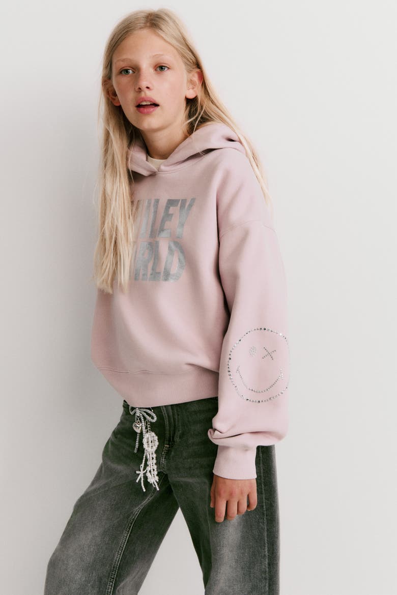 Print-Motif Brushed-Inside Hoodie, Alternate, color, Light dusty pink/SmileyWorld®