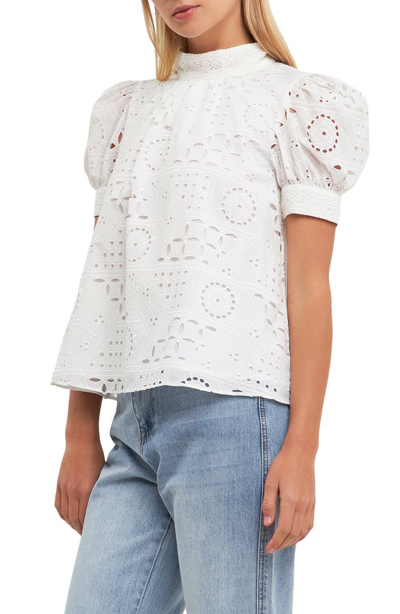 English Factory Broderie Anglaise Puff Sleeve Blouse, Alternate, color, 