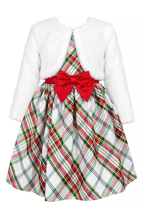 Kids' Plaid Taffeta Dress & Faux Fur Jacket Set