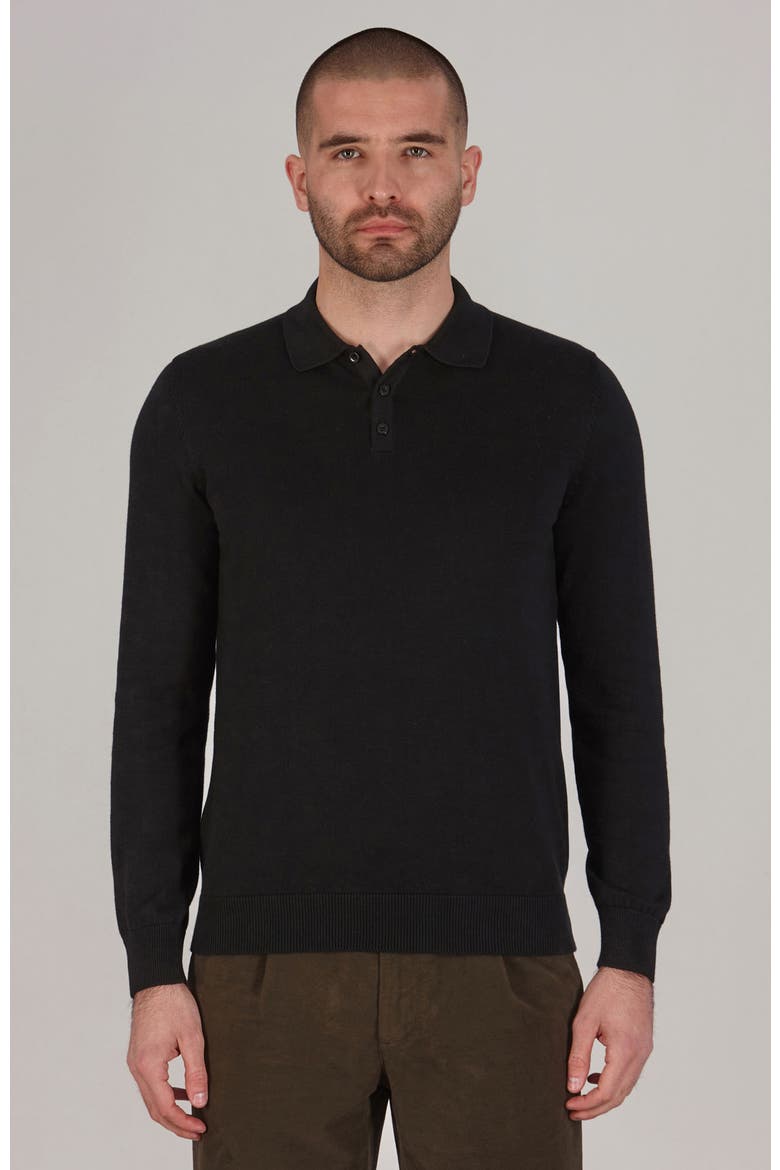 Cotton Long Sleeve Knitted Polo Shirt, Main, color, Black