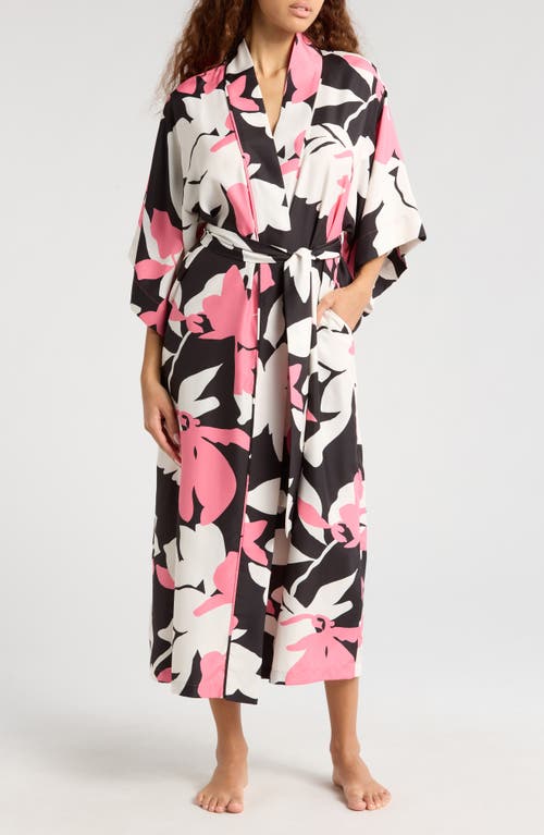 Natori Niwashi Floral-print Charmeuse Robe In Pink/black