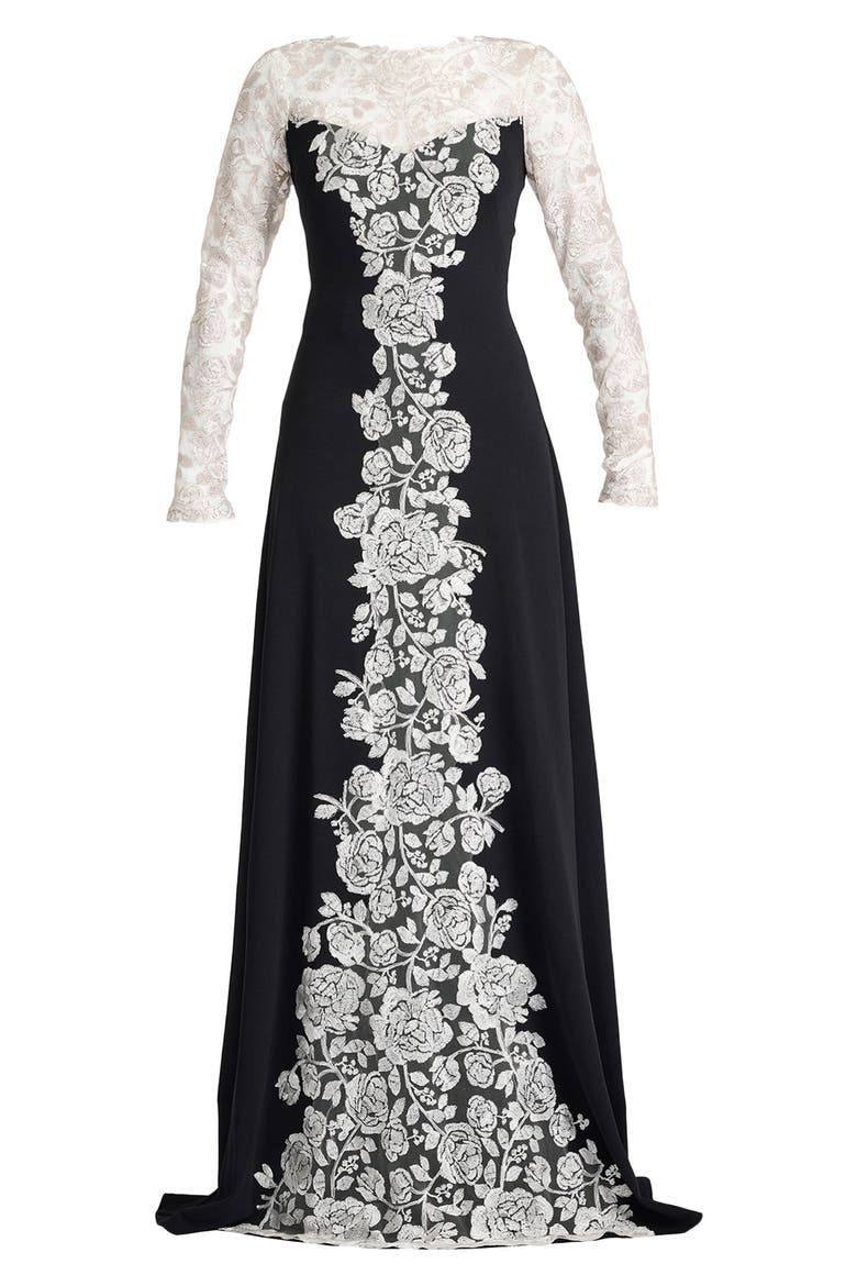 Lace Detail Long Sleeve Crepe Gown, Alternate, color, IVORY/ BLACK