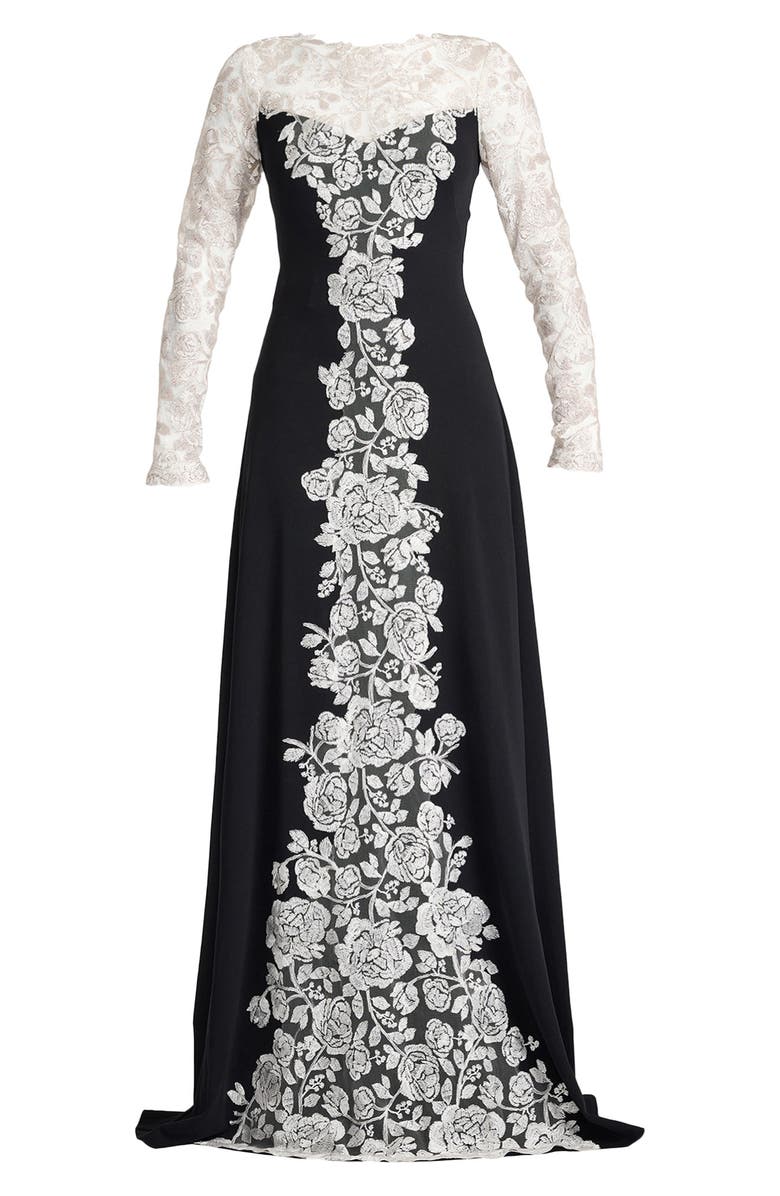 Tadashi Shoji Lace Detail Long Sleeve Crepe Gown, Alternate, color, Ivory/ Black