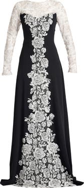 Tadashi Shoji Lace Detail Long Sleeve Crepe Gown