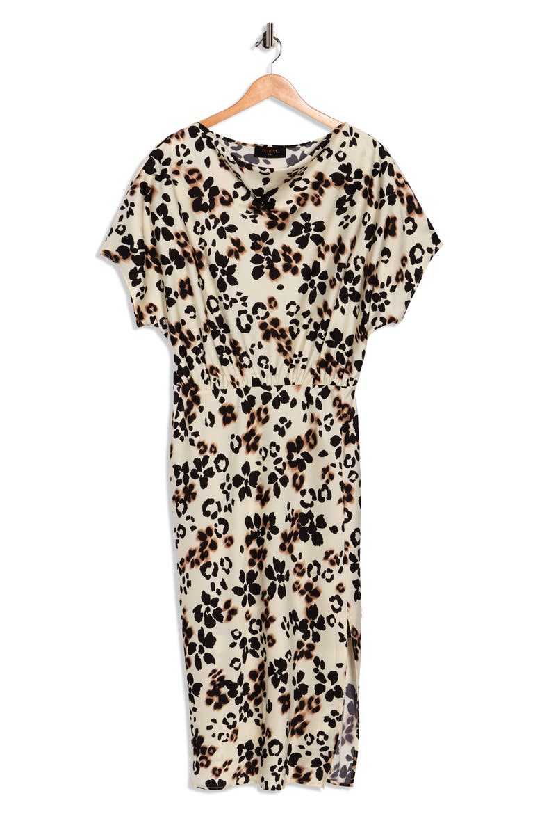 Floral Short Sleeve Satin Midi Dress, Alternate, color, BEIGE