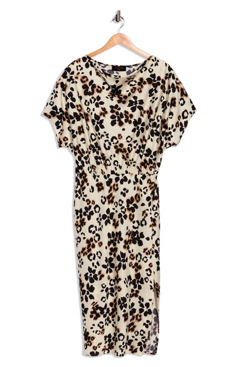 Floral Short Sleeve Satin Midi Dress (Plus)