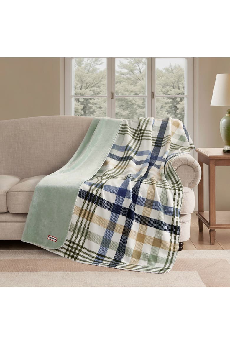 Reversible Plush Throw Blankets, Alternate, color, Sea Foam Bristol Plaid
