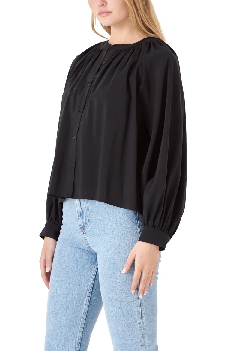 Shirred Long Sleeve Button-Up Shirt, Alternate, color, BLACK