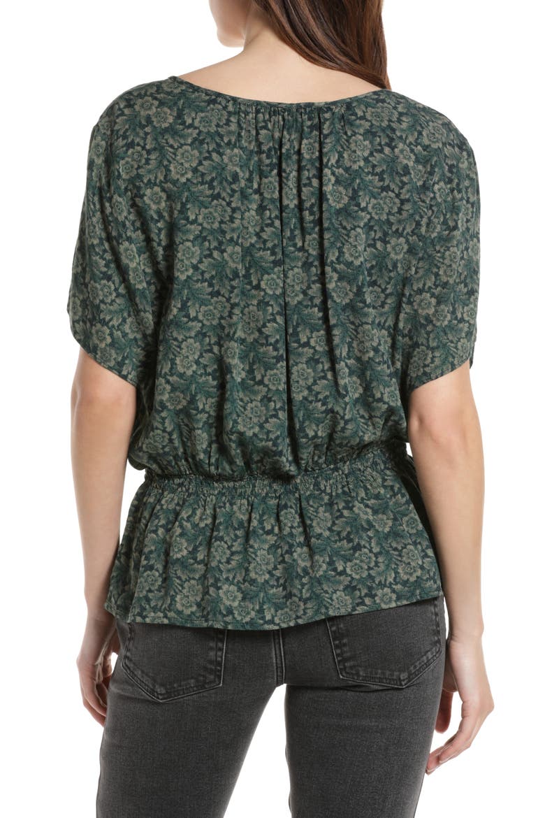 Shirred Split Neck Blouse, Alternate, color, NAVY- GREEN TAPESTRY