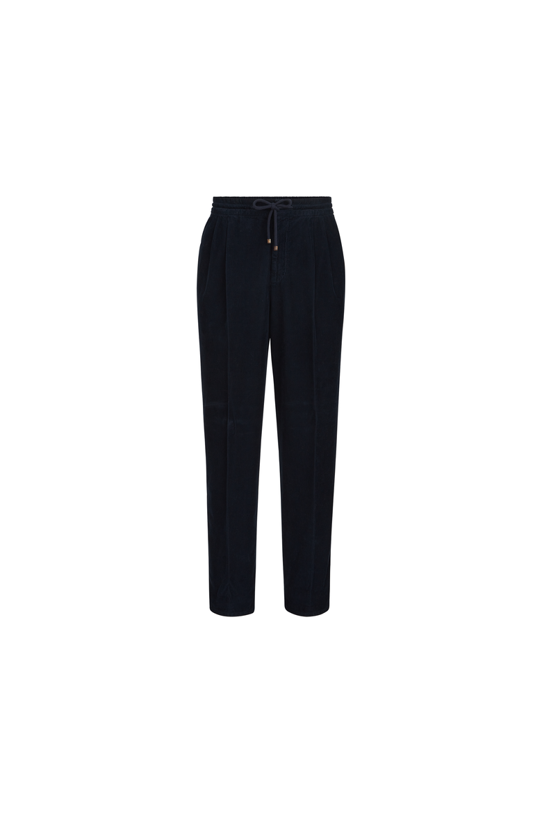 Garment-dyed trousers in cotton narrow wale corduroy with drawstring and double pleats, Alternate, color, Navy Blue