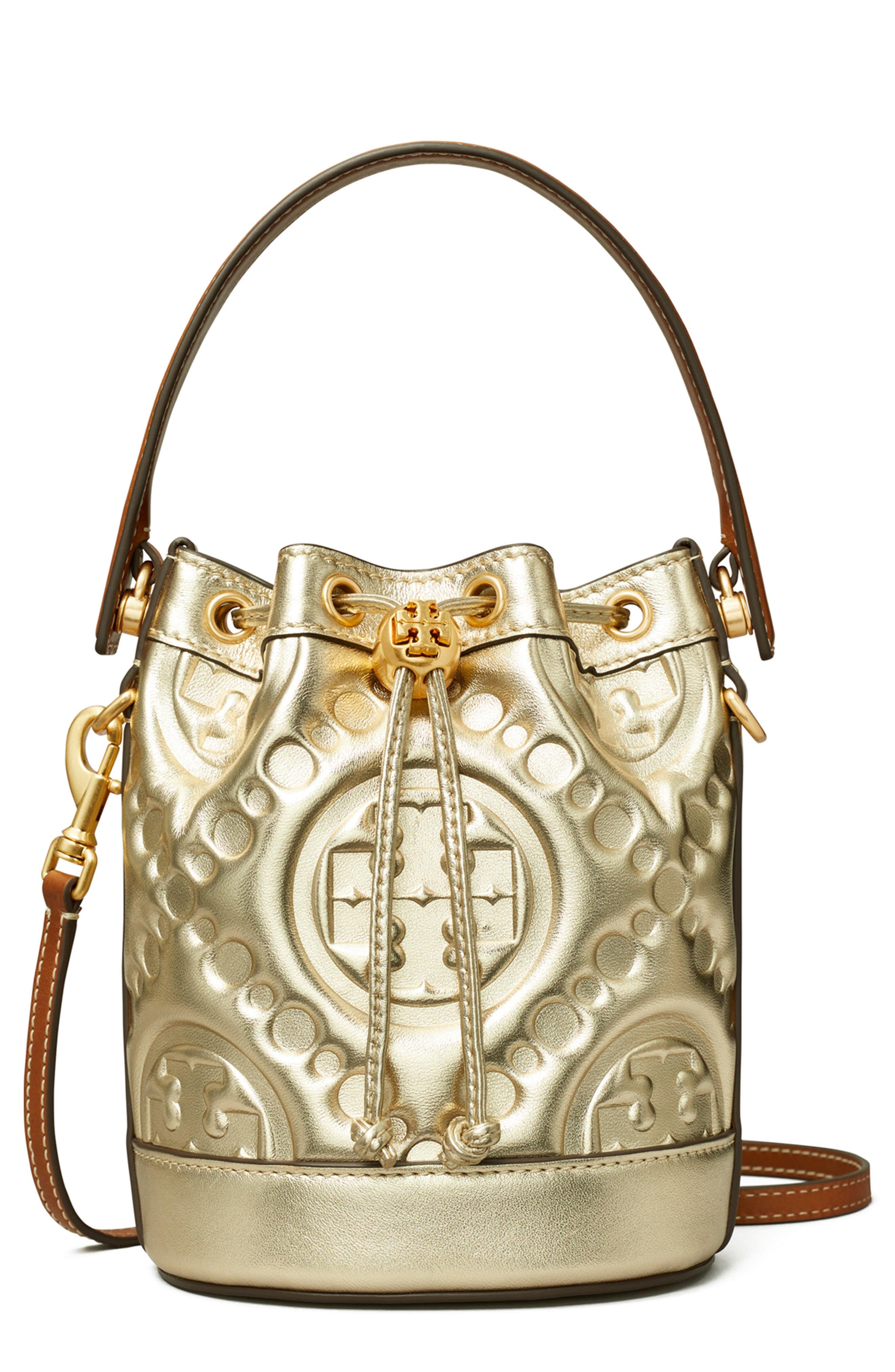 Tory Burch T-Monogram Embossed Puffy Metallic Leather Bucket Bag, Main, color, 