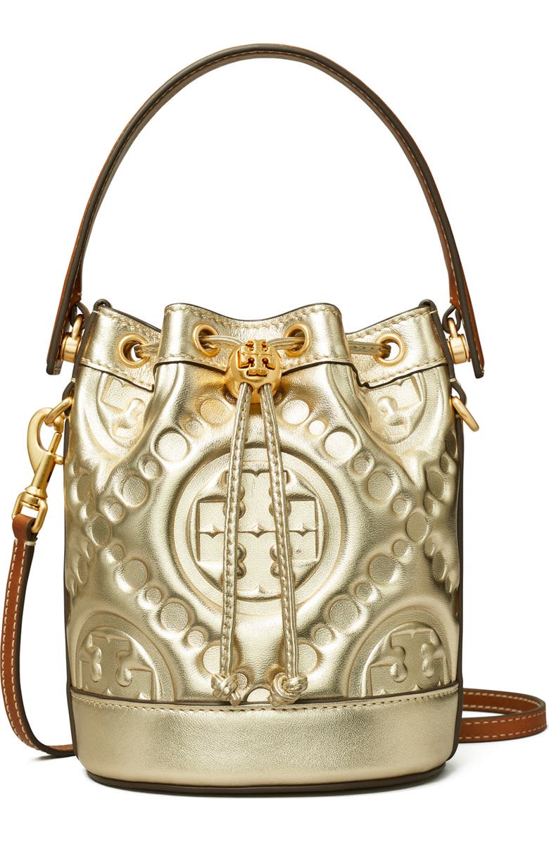 Tory Burch T-Monogram Embossed Puffy Metallic Leather Bucket Bag, Main, color,