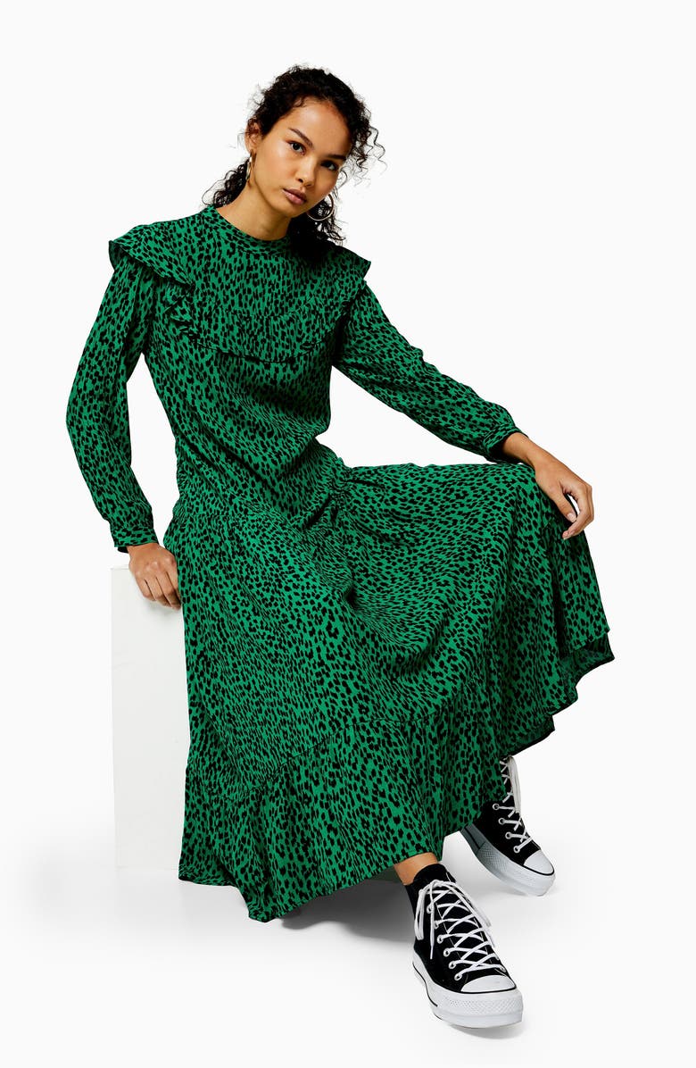 Topshop Animal Print Long Sleeve Prairie Dress, Alternate, color, 