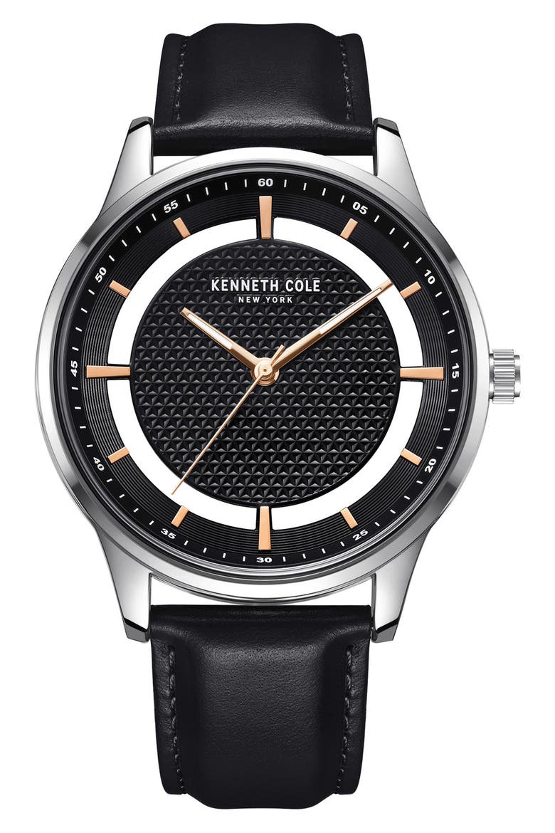 Quartz Leather Strap Watch, 45mm, Main, color, BLACK