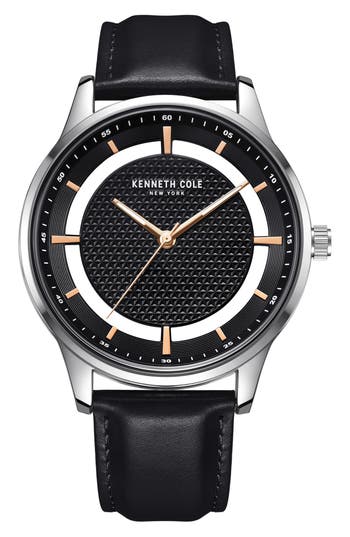 Kenneth Cole Quartz Leather Strap Watch, 45mm In Black