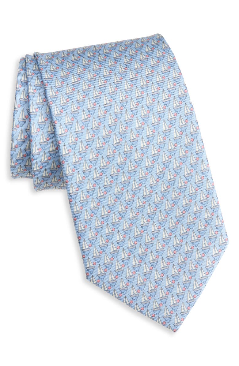 FERRAGAMO Alba Sailboat Print Silk Tie, Main, color, Celeste