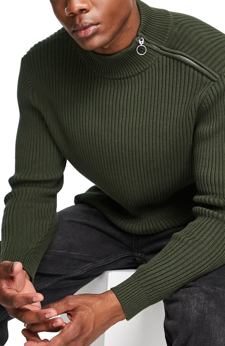 Topman Zip Shoulder Mock Neck Cotton Rib Sweater, Main, color,