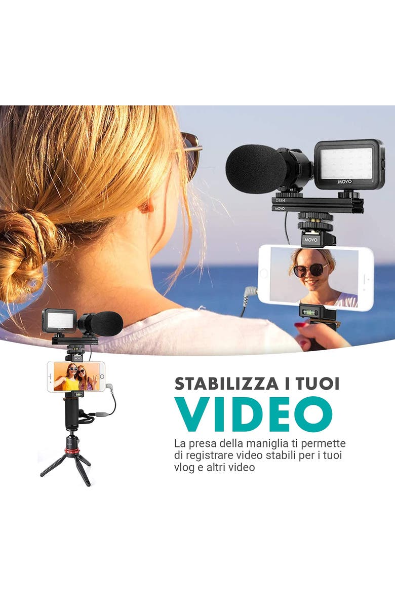 MOVO V7+ YouTube Starter Kit - Vlogging Kit for iPhone with Tripod, Grip, Stereo Microphone, LED Light and Remote, Alternate, color, Black