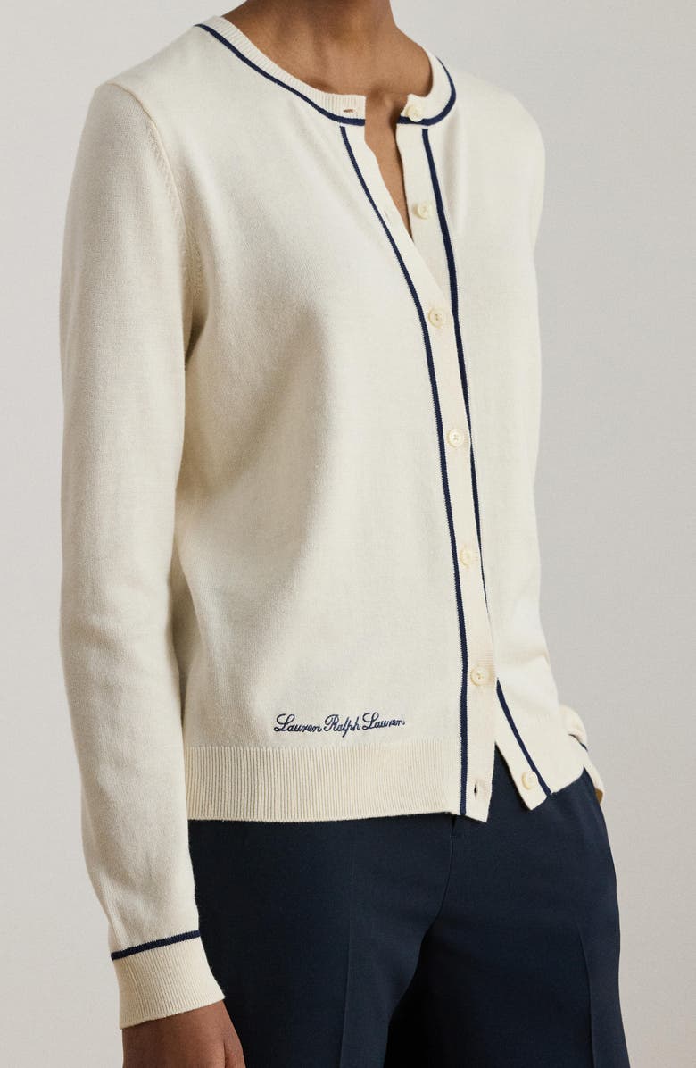 Lauren Ralph Lauren Contrast Trim Cotton Blenbd Cardigan, Alternate, color, Mascarpone Cream/ Refined Navy