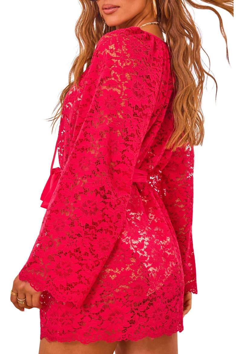Marisole Tie Waist Long Sleeve Lace Cover-Up Minidress, Alternate, color, MAGENTA