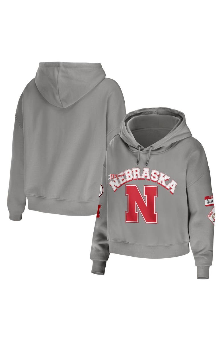 WEAR by Erin Andrews Women's WEAR by Erin Andrews Gray Nebraska Huskers Mixed Media Cropped Pullover Hoodie, Main, color, Gray